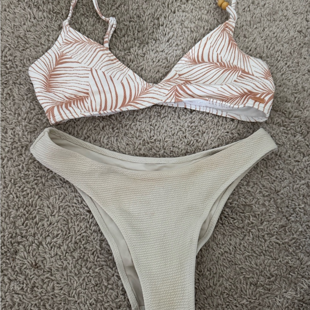 Roxy White and Brown Leaf Bikini Set